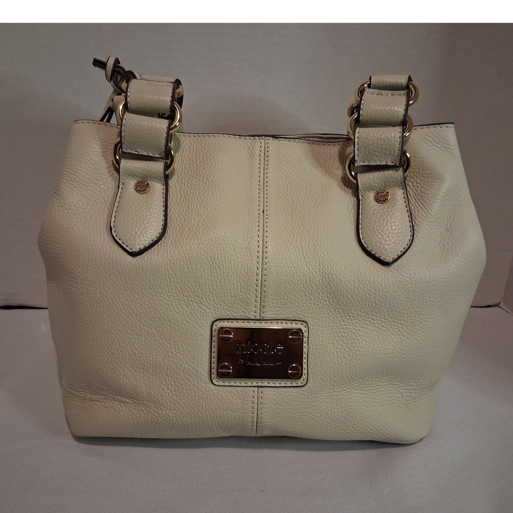 Nicole by Nicole Miller Cream Pebbled Leather Satchel Handbag Gold Key Charm